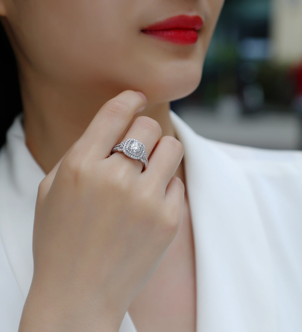 Molten Moissanite Halo Ring in Sterling Silver