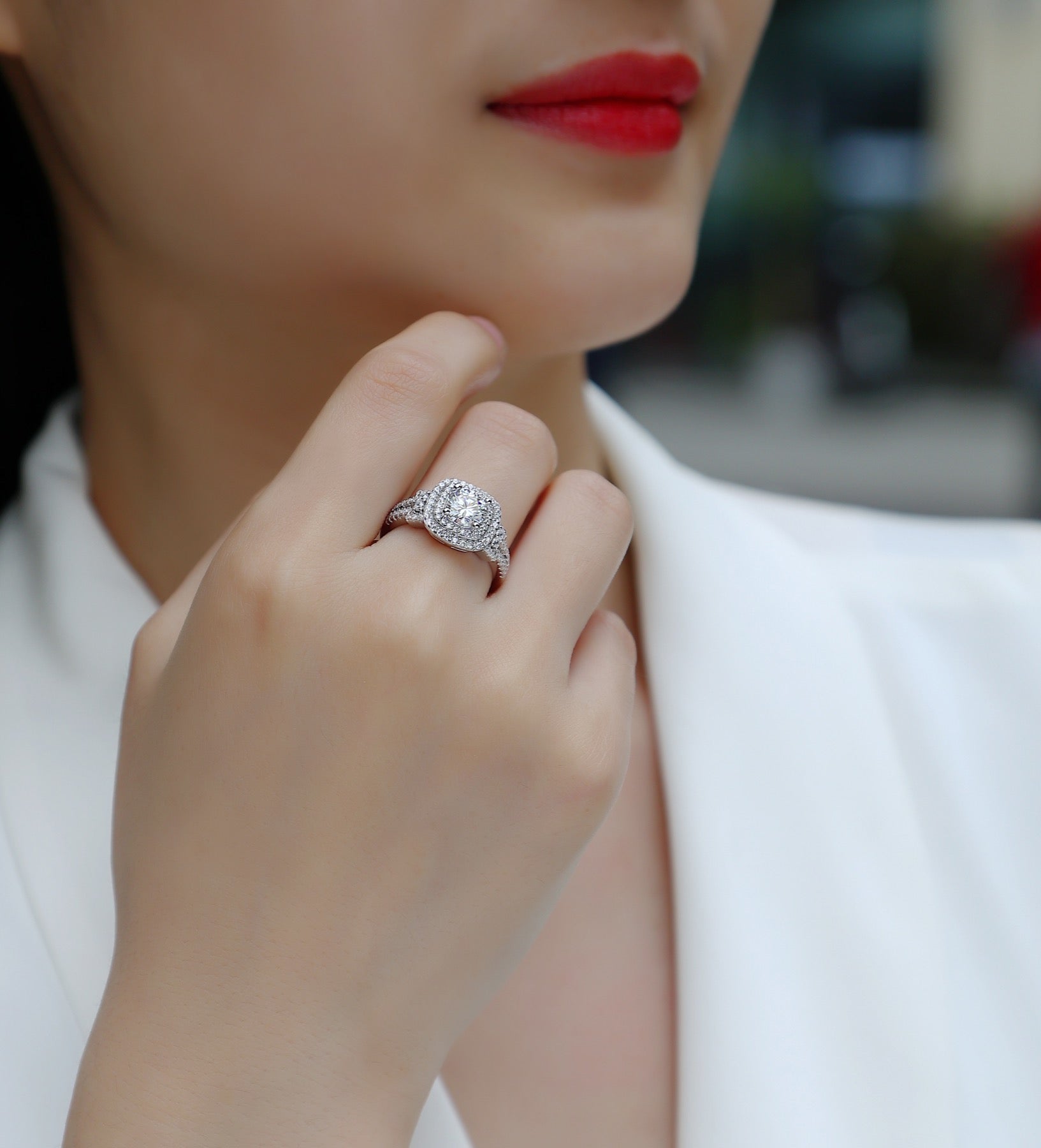 Molten Moissanite Halo Ring in Sterling Silver
