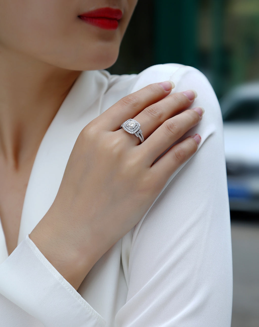 Molten Moissanite Halo Ring in Sterling Silver