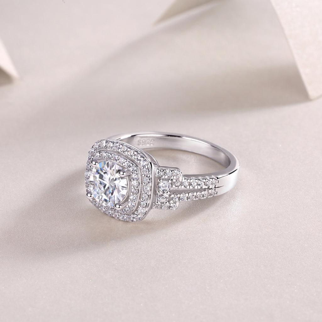 Molten Moissanite Halo Ring in Sterling Silver