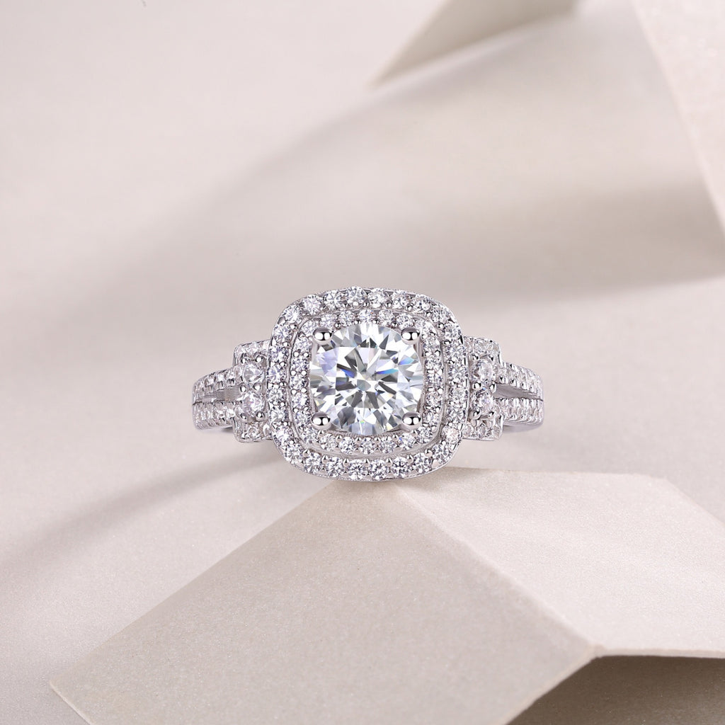Molten Moissanite Halo Ring in Sterling Silver