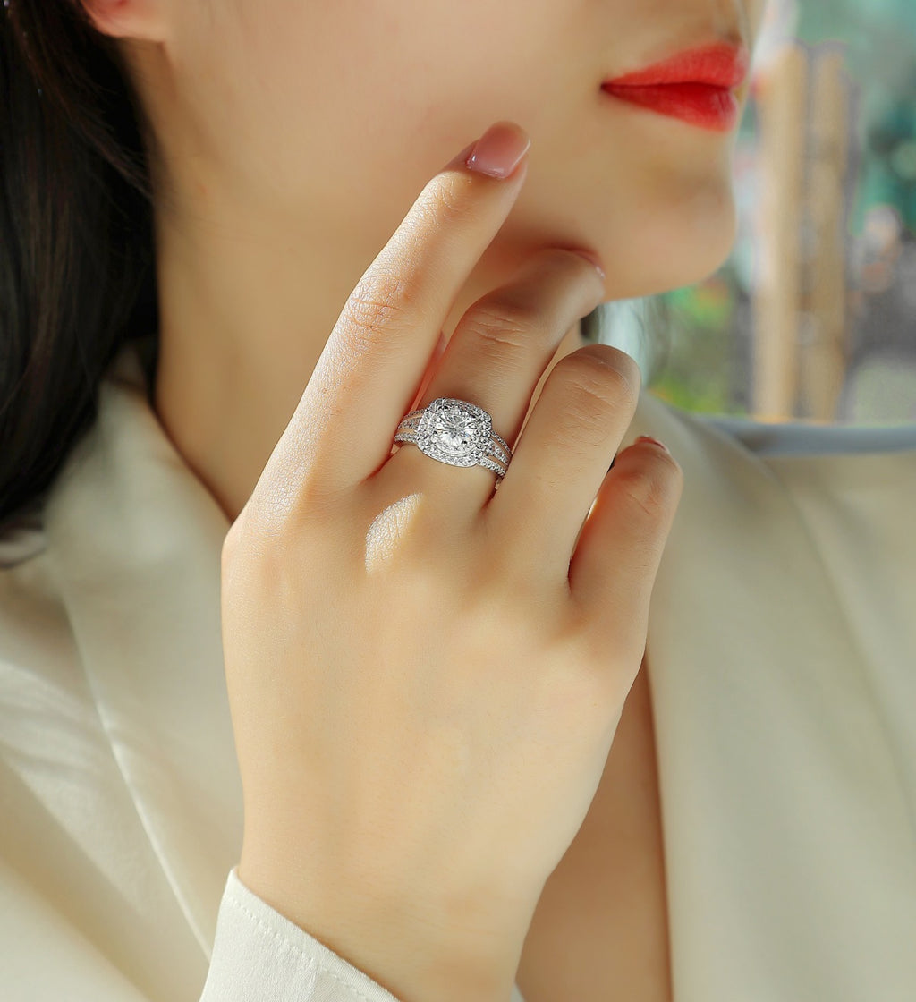 Coronet Moissanite Halo Ring in Sterling Silver