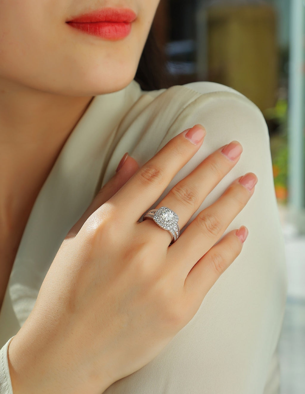 Coronet Moissanite Halo Ring in Sterling Silver