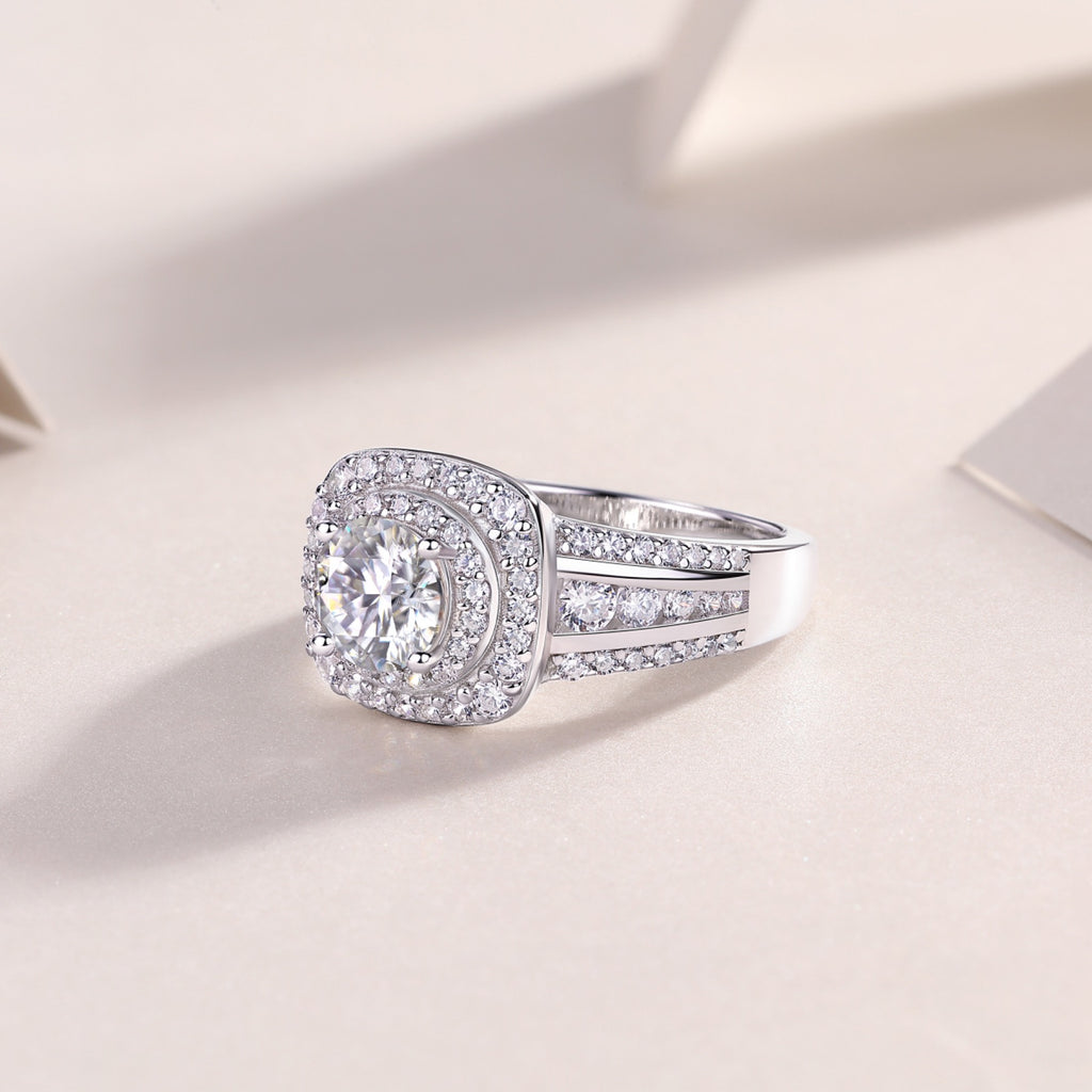 Coronet Moissanite Halo Ring in Sterling Silver