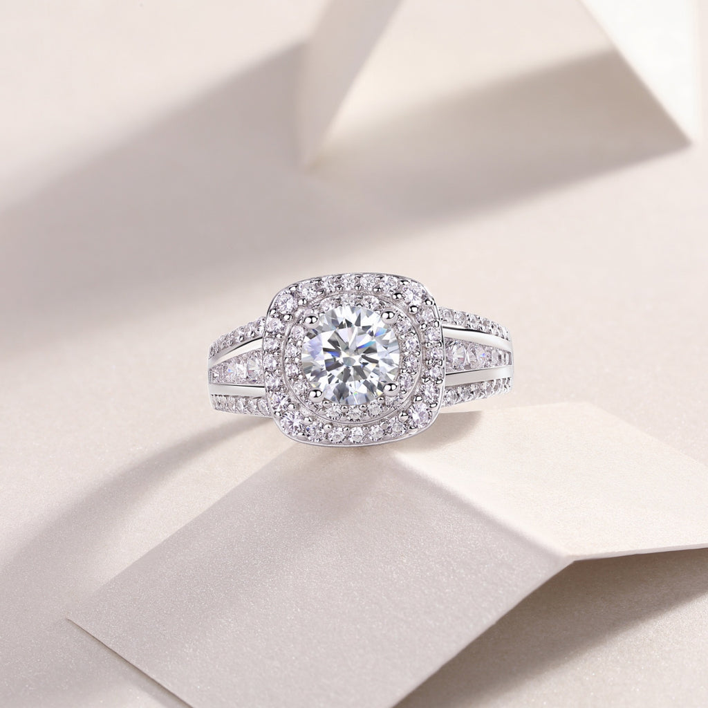 Coronet Moissanite Halo Ring in Sterling Silver