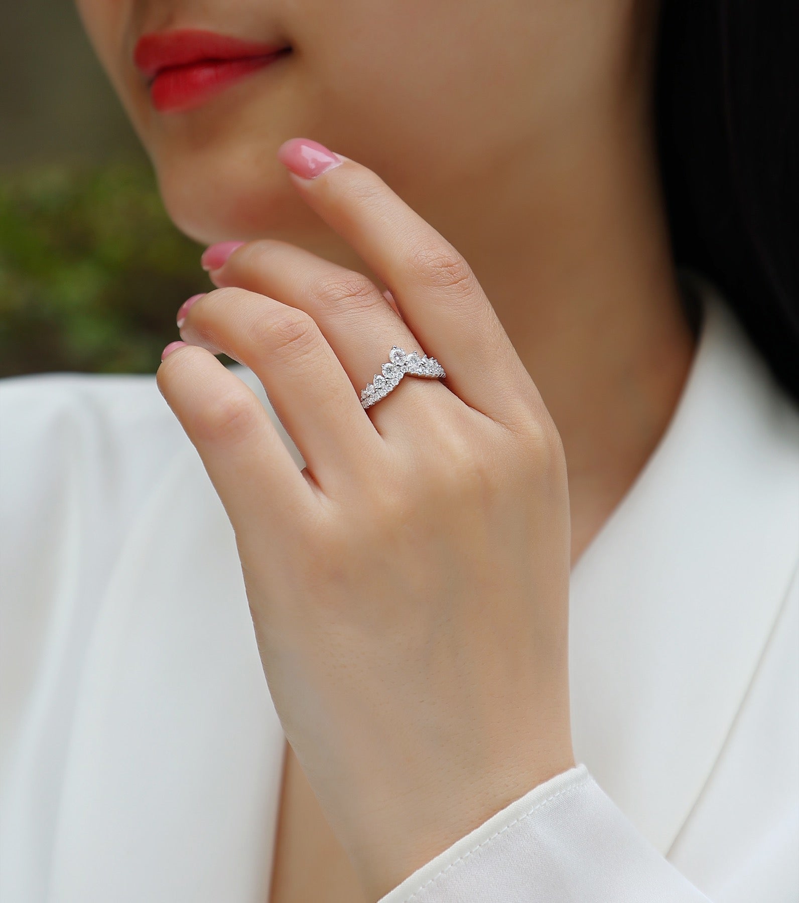 Victoria Moissanite Tiara Ring in Sterling Silver