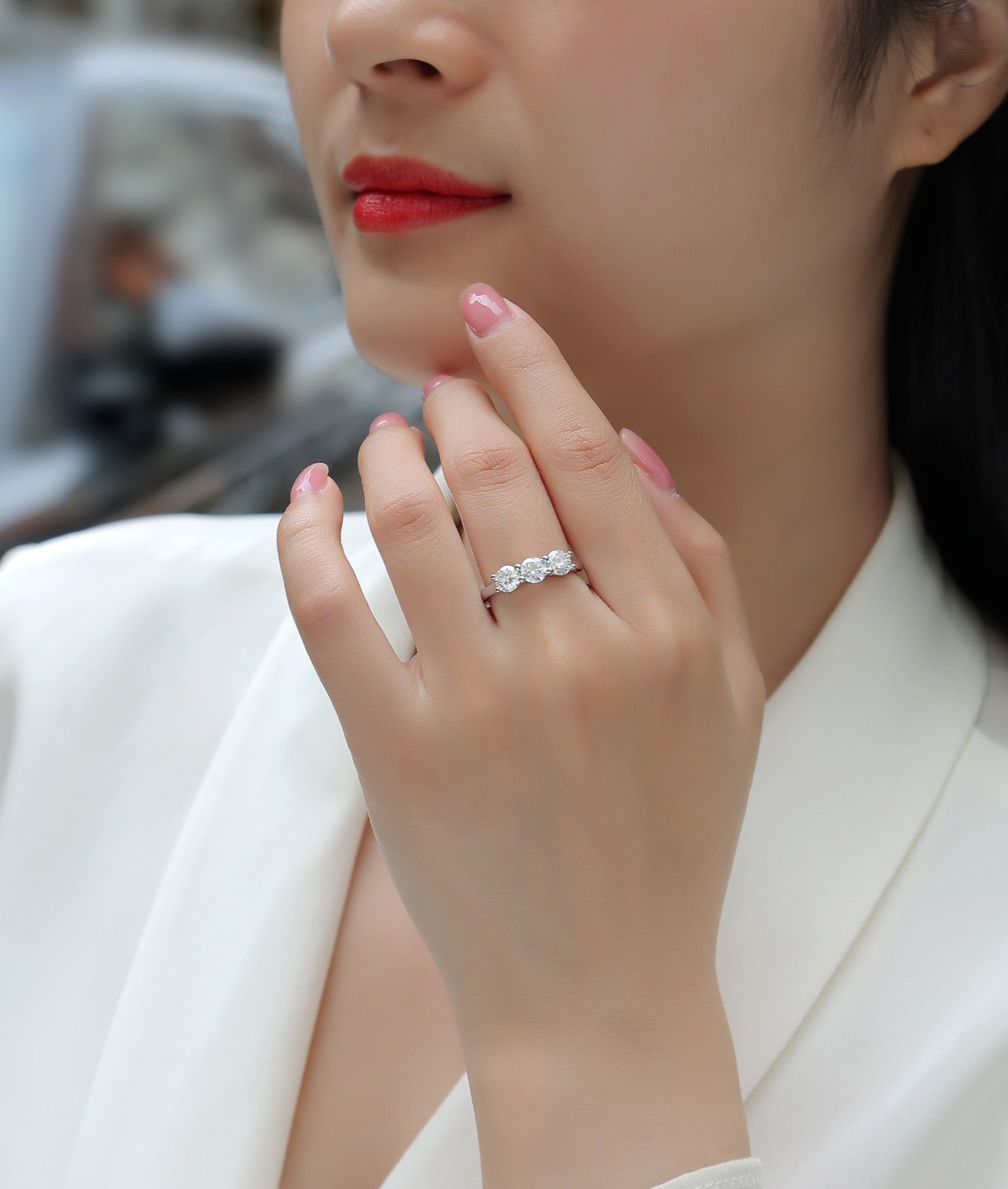 Threelife Moissanite Three-Stone Ring in Sterling Silver