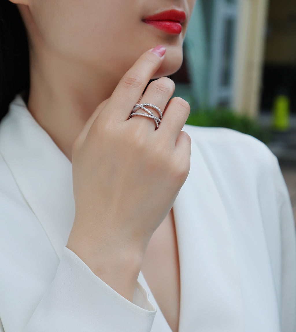 Crossover Moissanite Band Ring in Sterling Silver