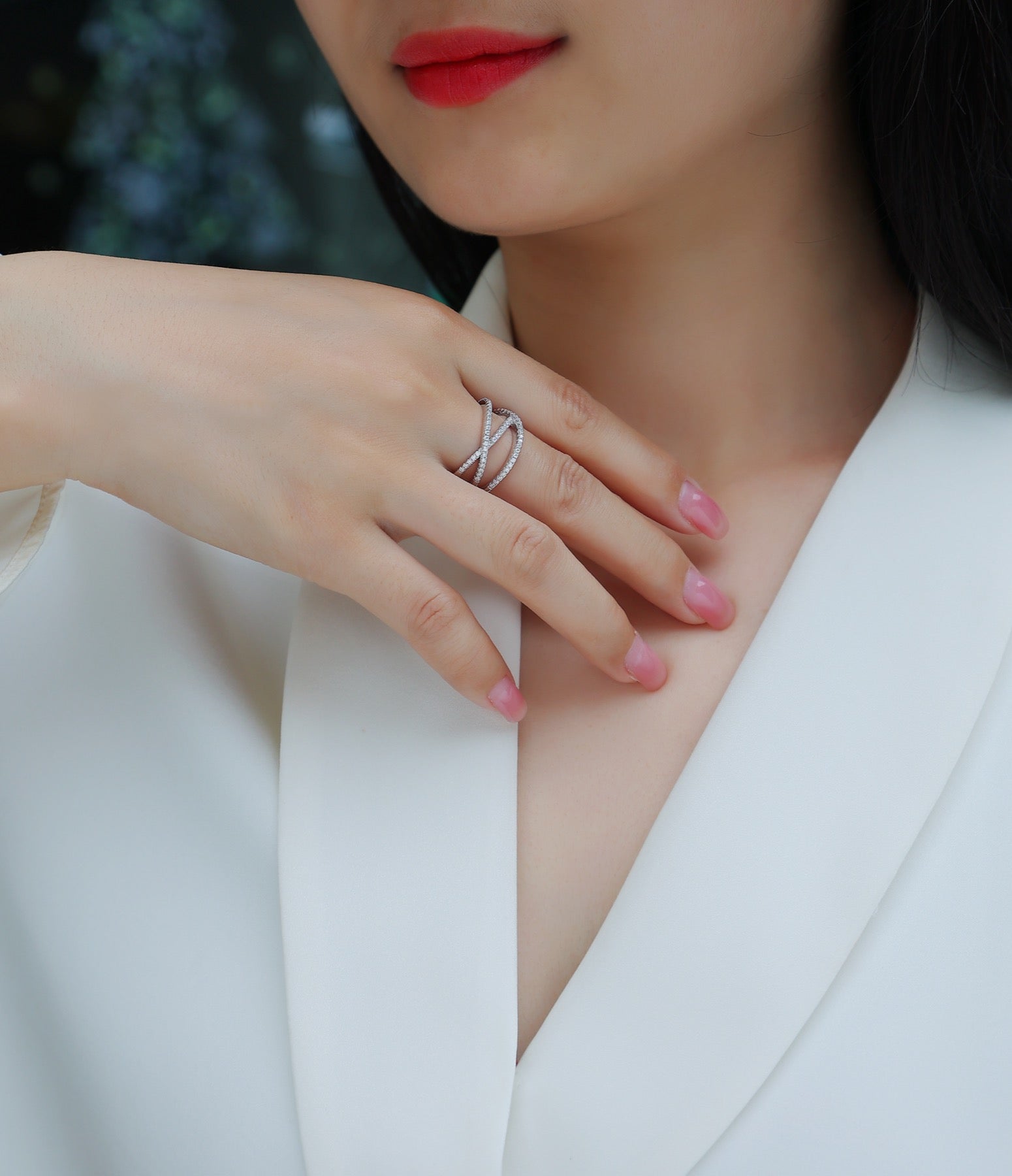 Crossover Moissanite Band Ring in Sterling Silver
