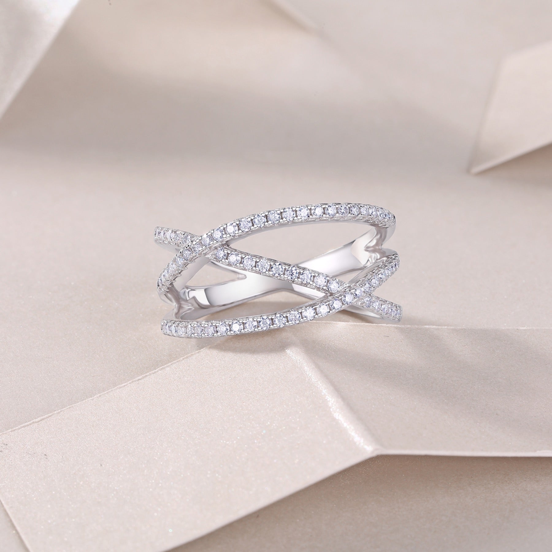 Crossover Moissanite Band Ring in Sterling Silver