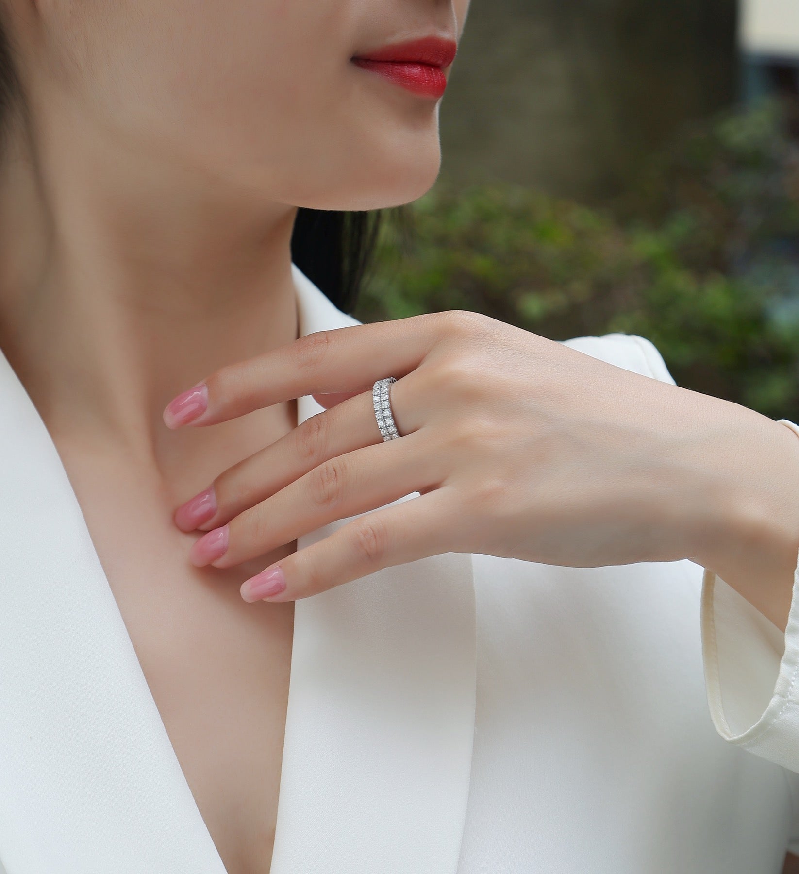Crystal Moissanite Eternity Band Ring in Sterling Silver