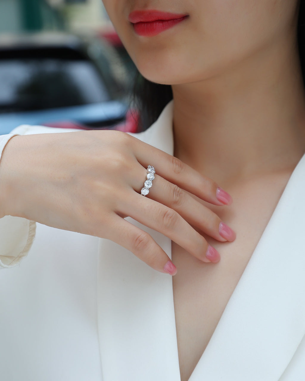 Tercet Moissanite Five-Stone Ring in Sterling Silver