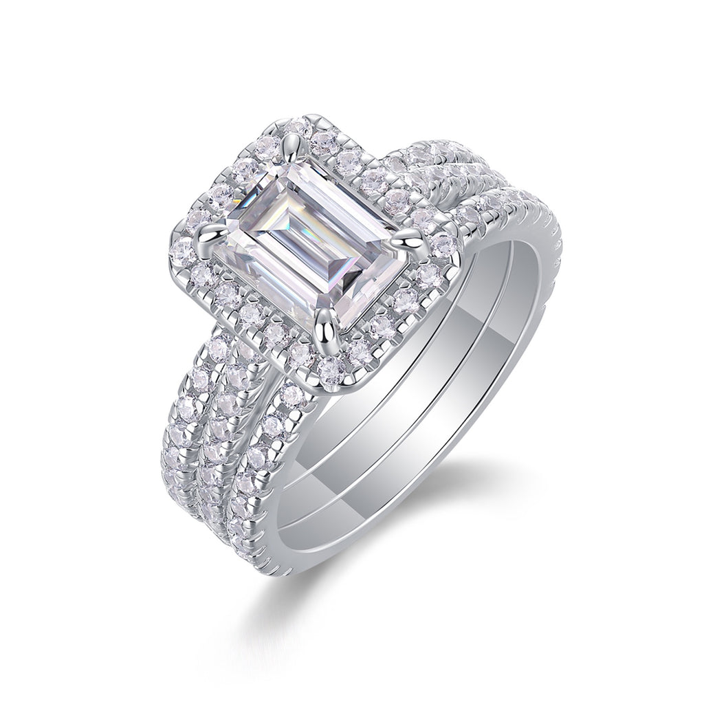 Elegance Emerald-Cut Moissanite Halo Ring in Sterling Silver