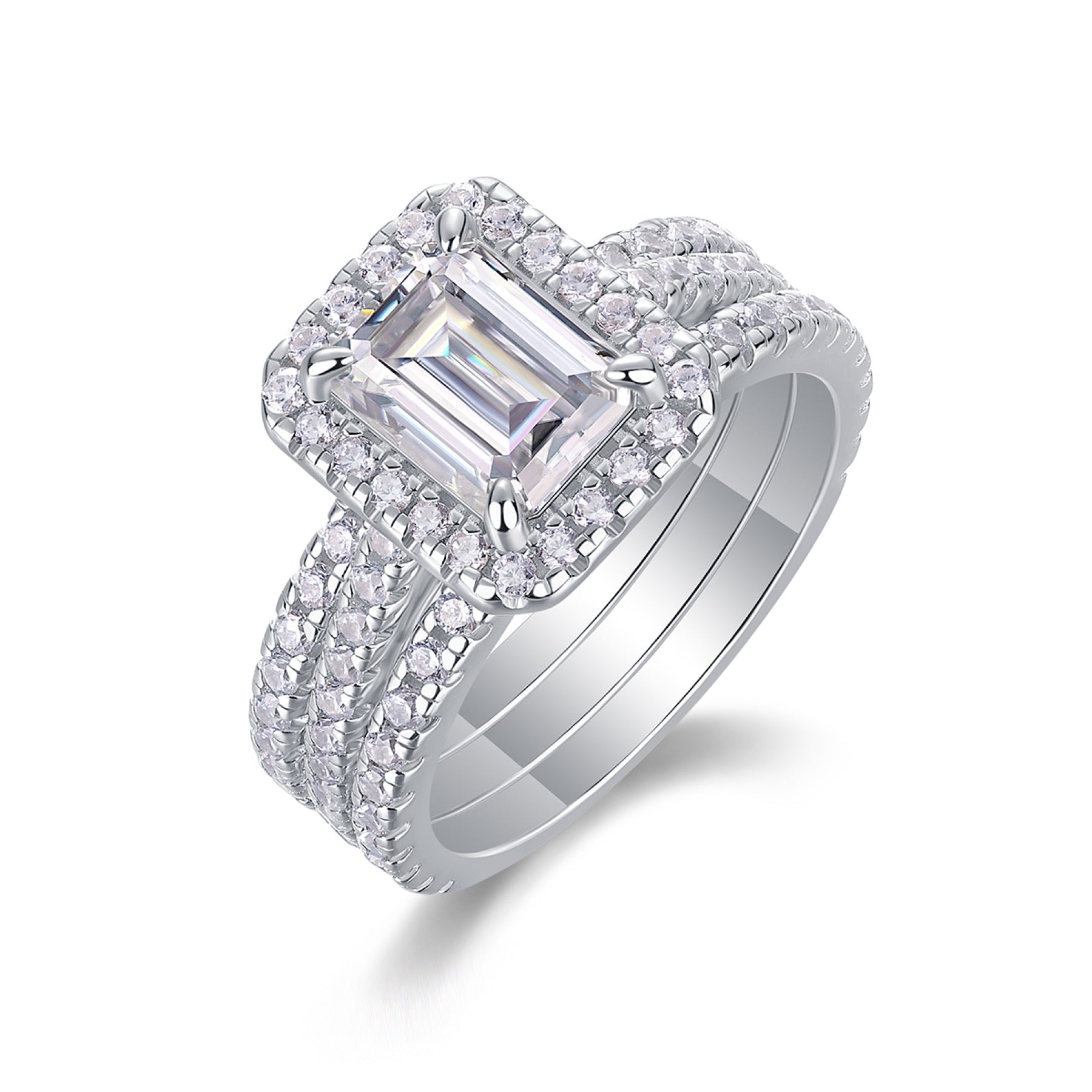Elegance Emerald-Cut Moissanite Halo Ring in Sterling Silver