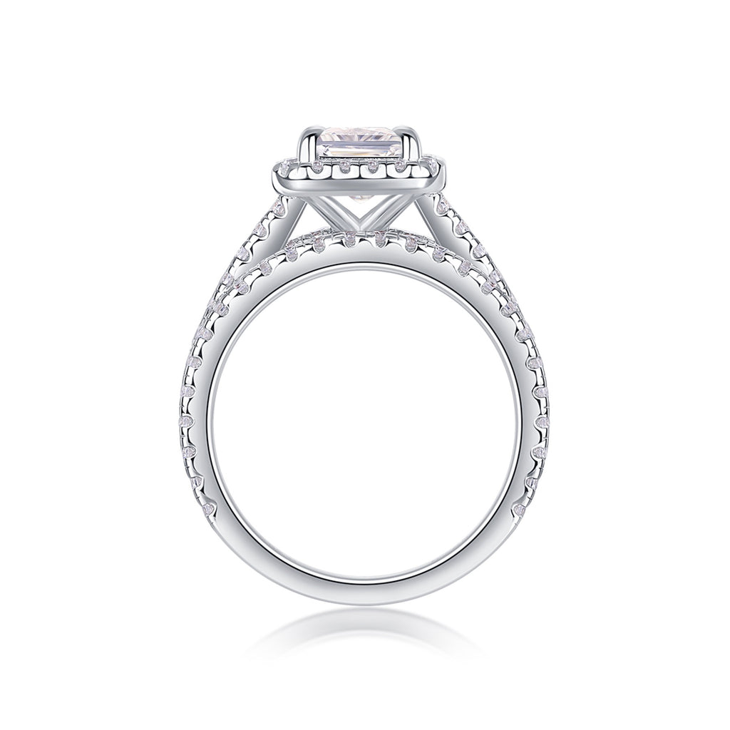Elegance Emerald-Cut Moissanite Halo Ring in Sterling Silver