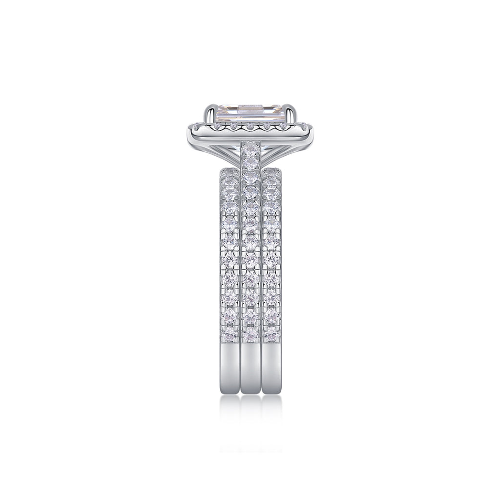 Elegance Emerald-Cut Moissanite Halo Ring in Sterling Silver