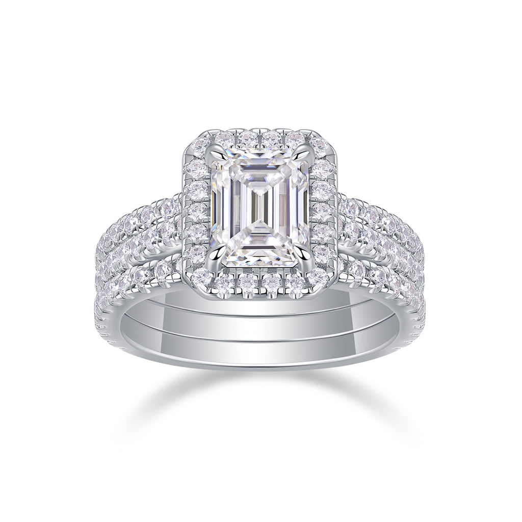 Elegance Emerald-Cut Moissanite Halo Ring in Sterling Silver