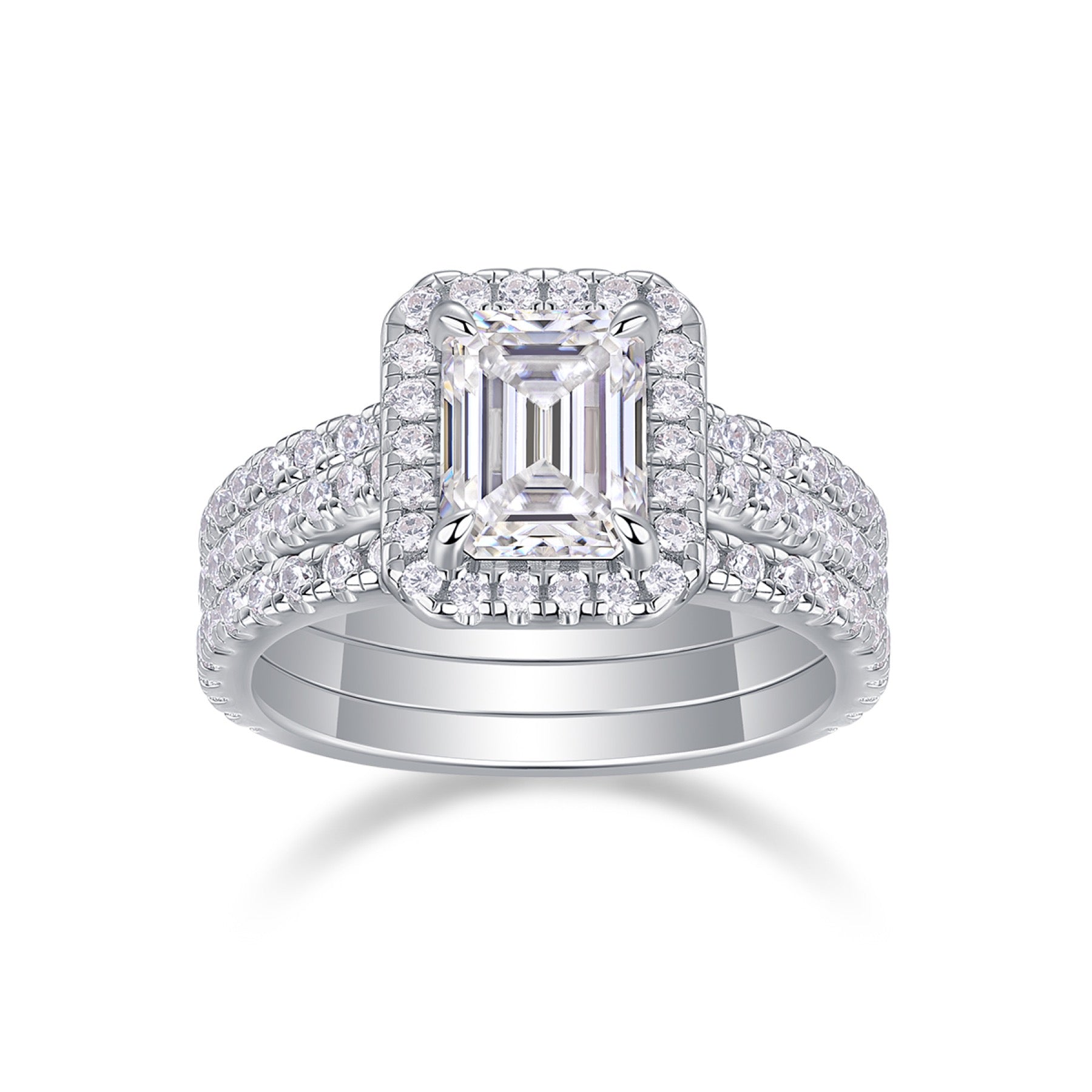 Elegance Emerald-Cut Moissanite Halo Ring in Sterling Silver