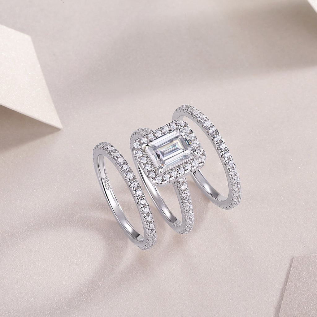 Elegance Emerald-Cut Moissanite Halo Ring in Sterling Silver