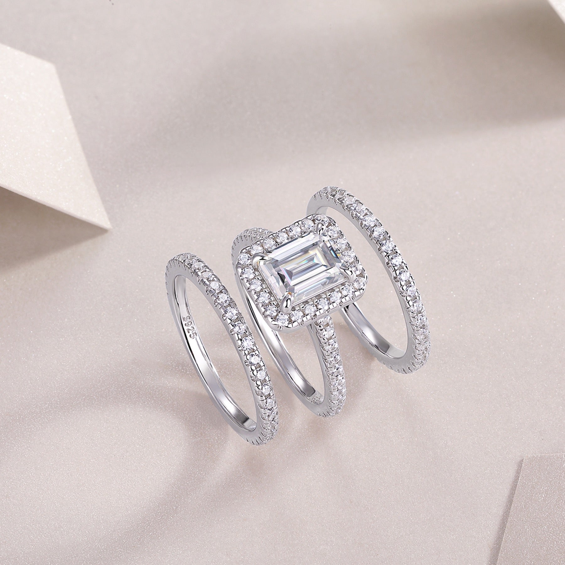 Elegance Emerald-Cut Moissanite Halo Ring in Sterling Silver
