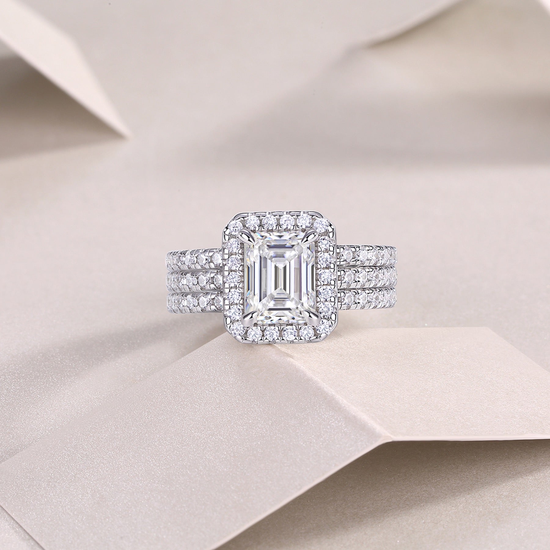 Elegance Emerald-Cut Moissanite Halo Ring in Sterling Silver