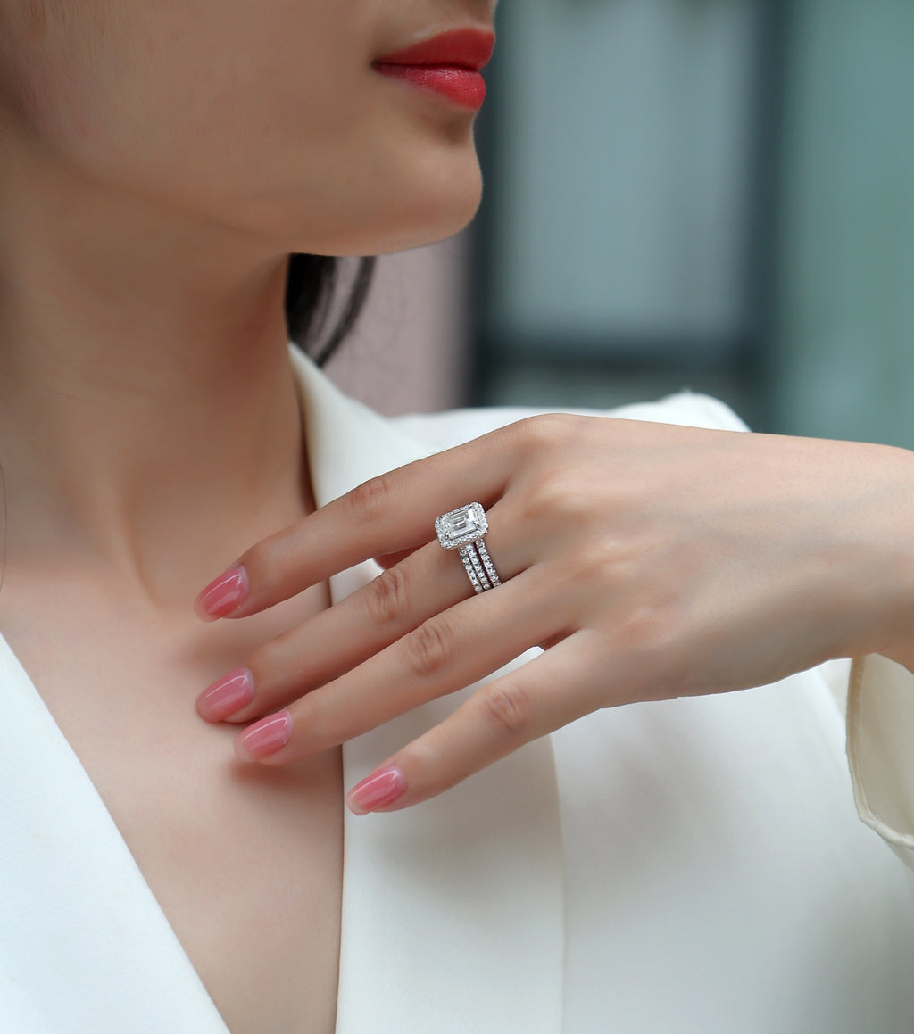 Elegance Emerald-Cut Moissanite Halo Ring in Sterling Silver