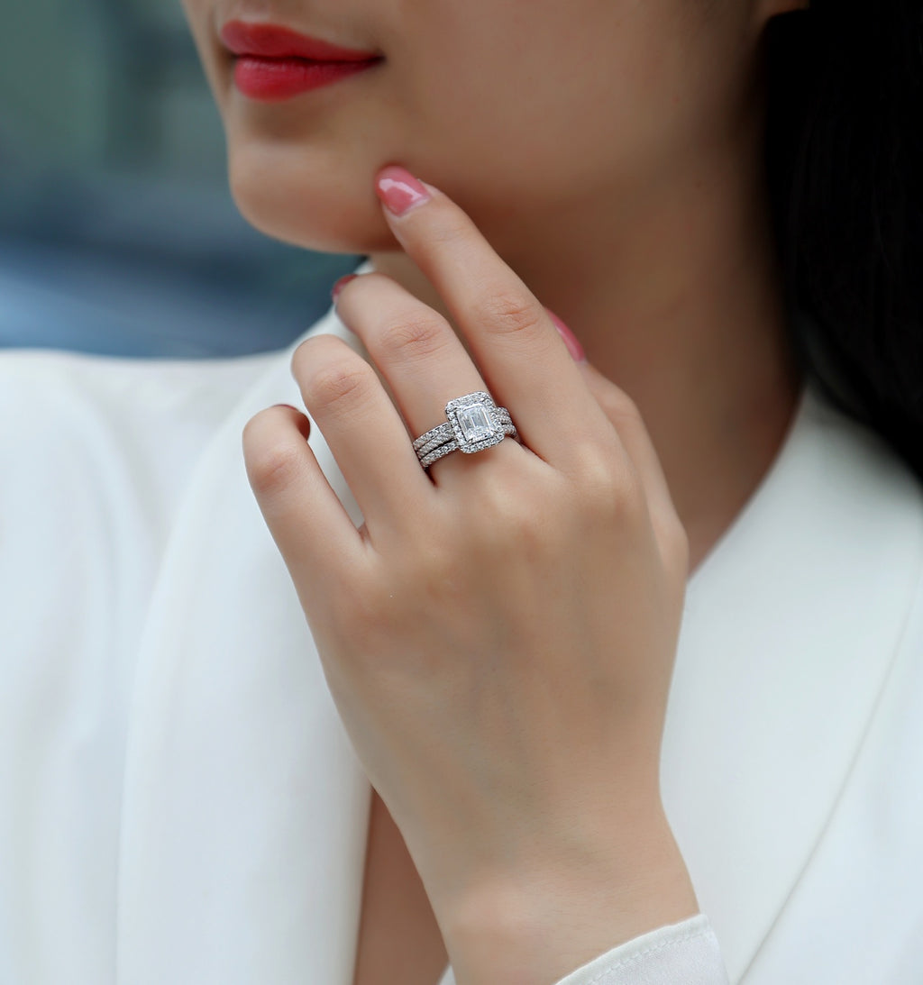 Elegance Emerald-Cut Moissanite Halo Ring in Sterling Silver