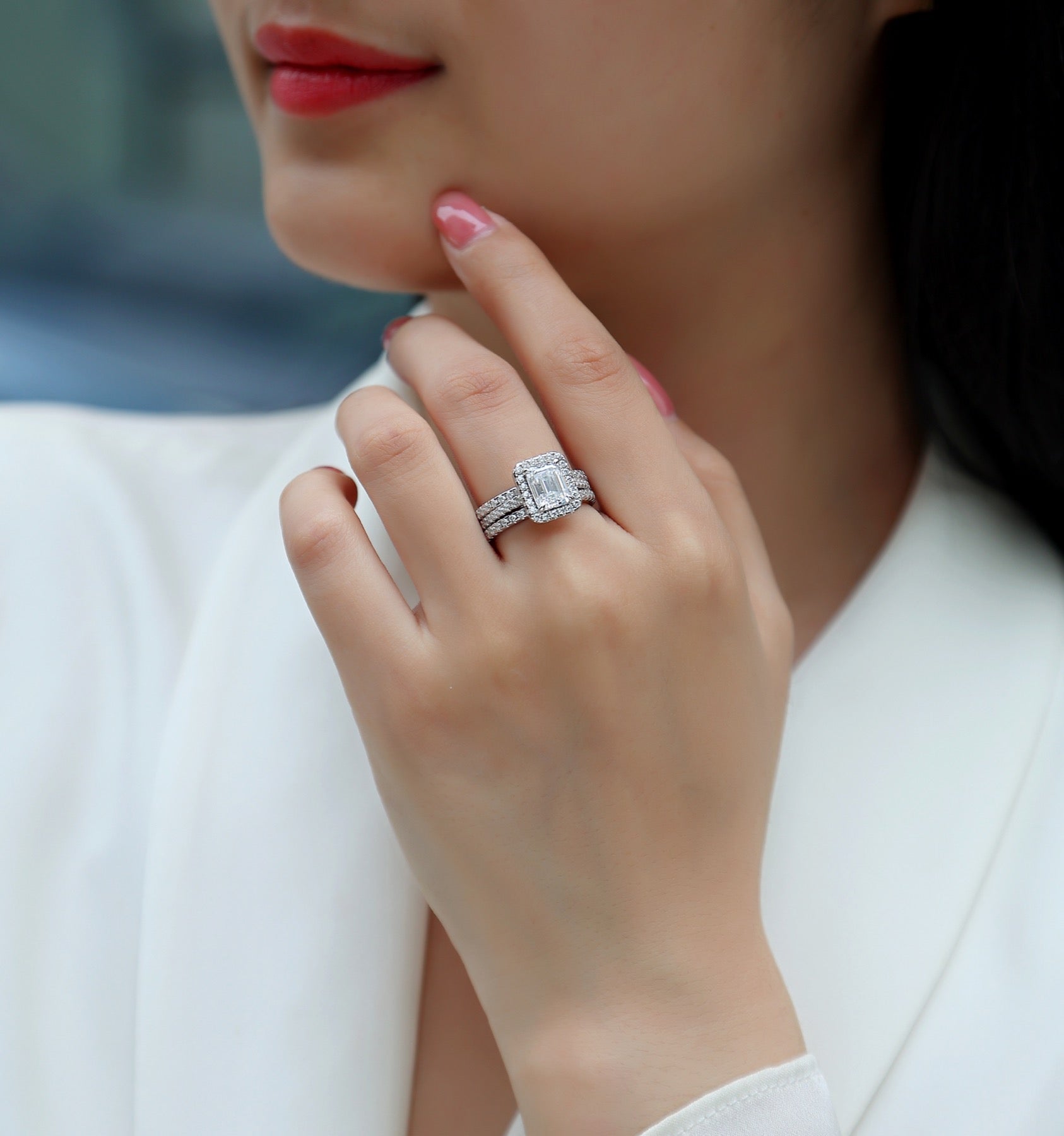 Elegance Emerald-Cut Moissanite Halo Ring in Sterling Silver