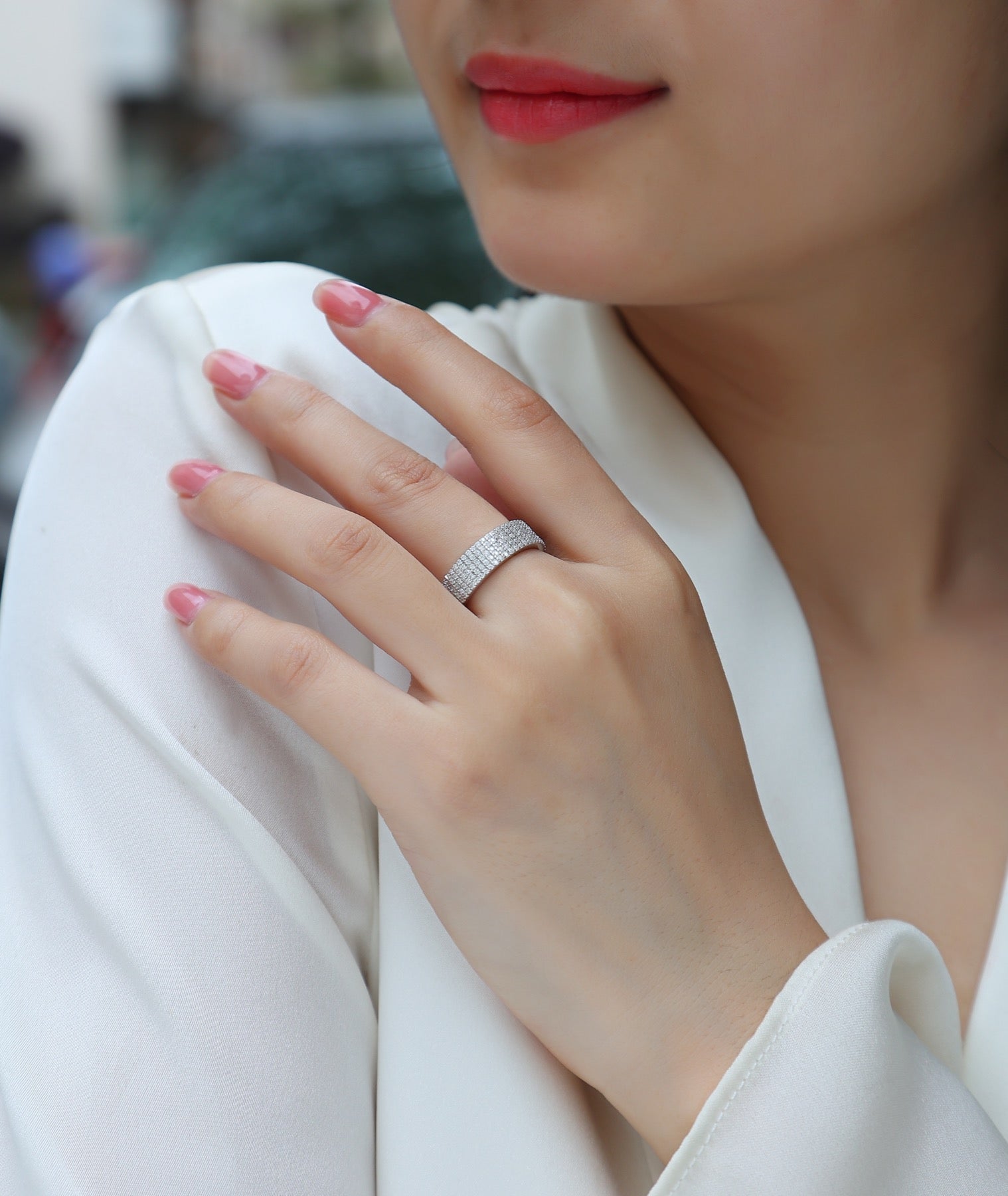 Fullpave Moissanite Eternity Band Ring in Sterling Silver