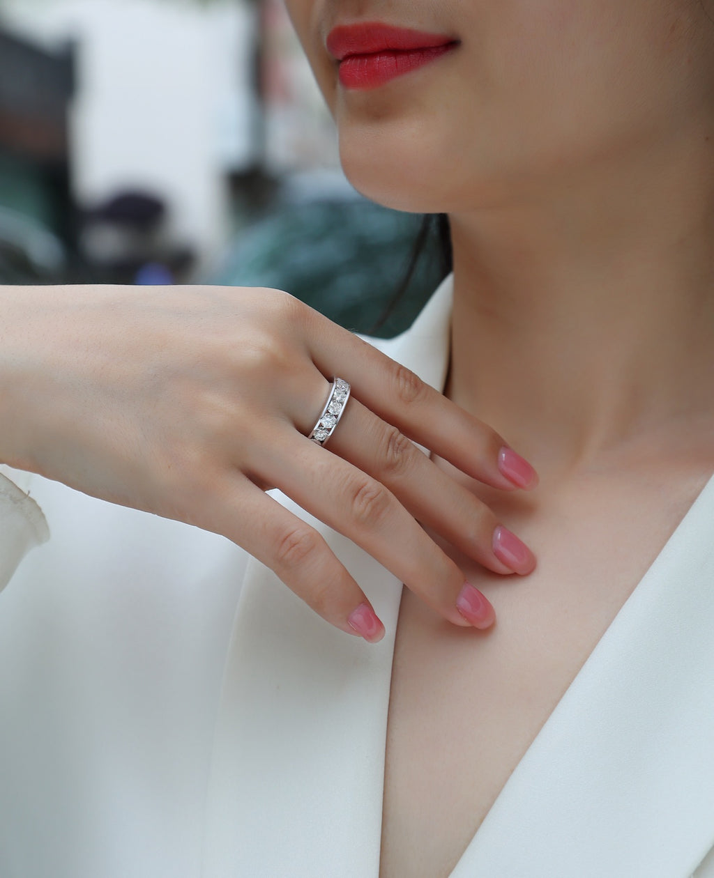 Channel Moissanite Eternity Band Ring in Sterling Silver