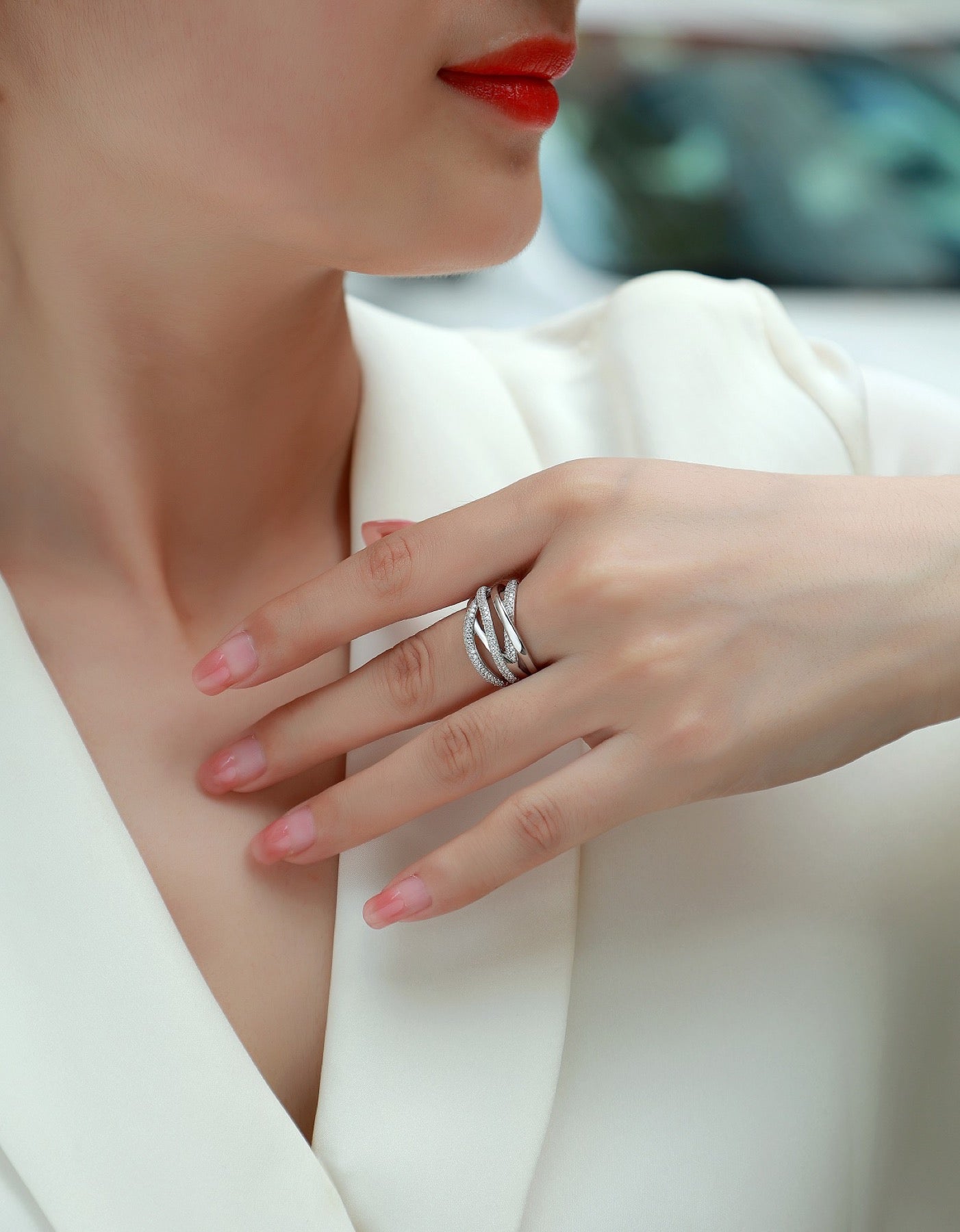 Interwoven Moissanite Band Ring in Sterling Silver