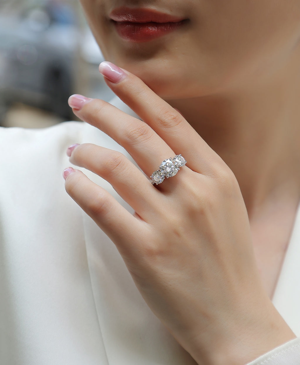 Triradiance 3 Carat Moissanite Three-Stone Ring in Sterling Silver