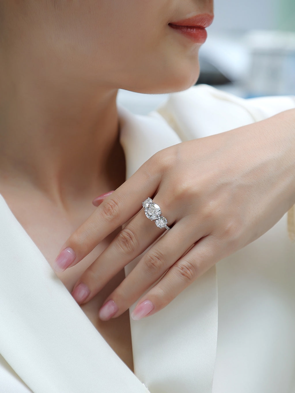 Triradiance 3 Carat Moissanite Three-Stone Ring in Sterling Silver