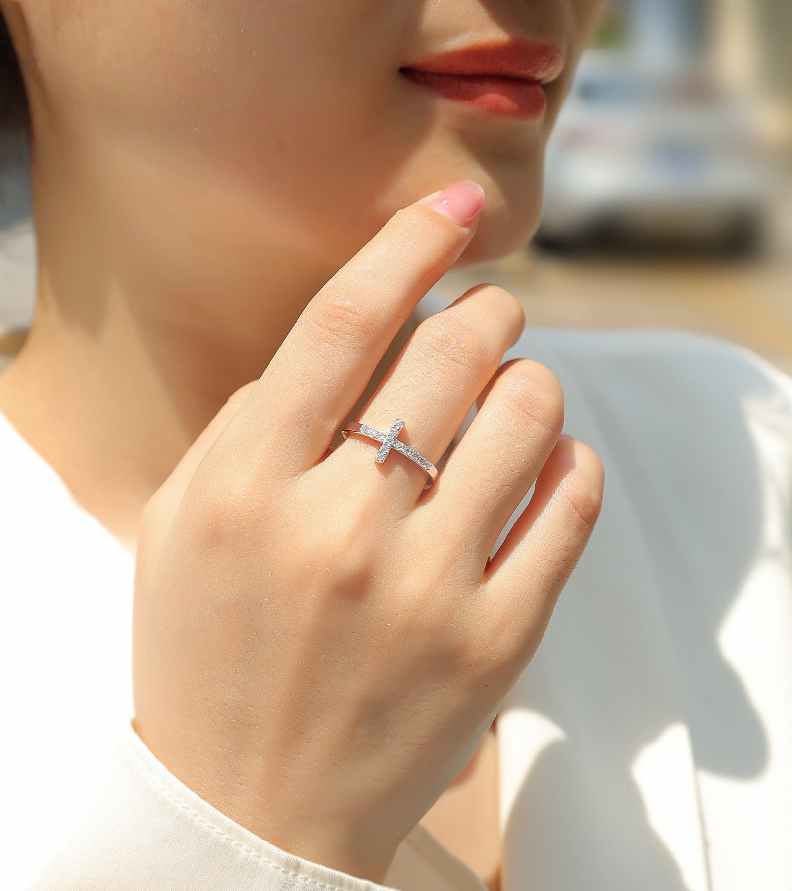 Chapel Moissanite Cross Ring in Sterling Silver
