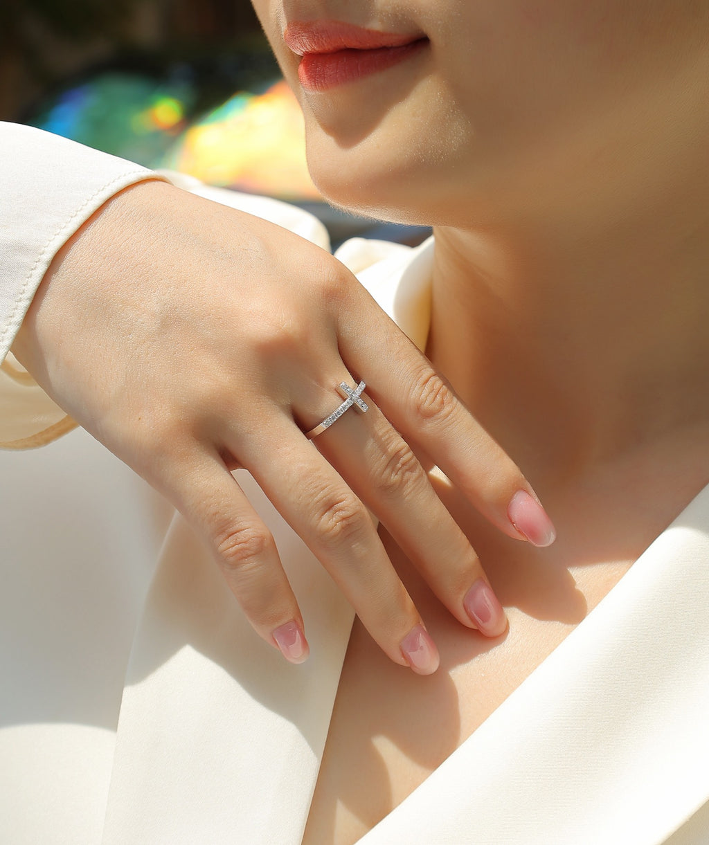 Chapel Moissanite Cross Ring in Sterling Silver