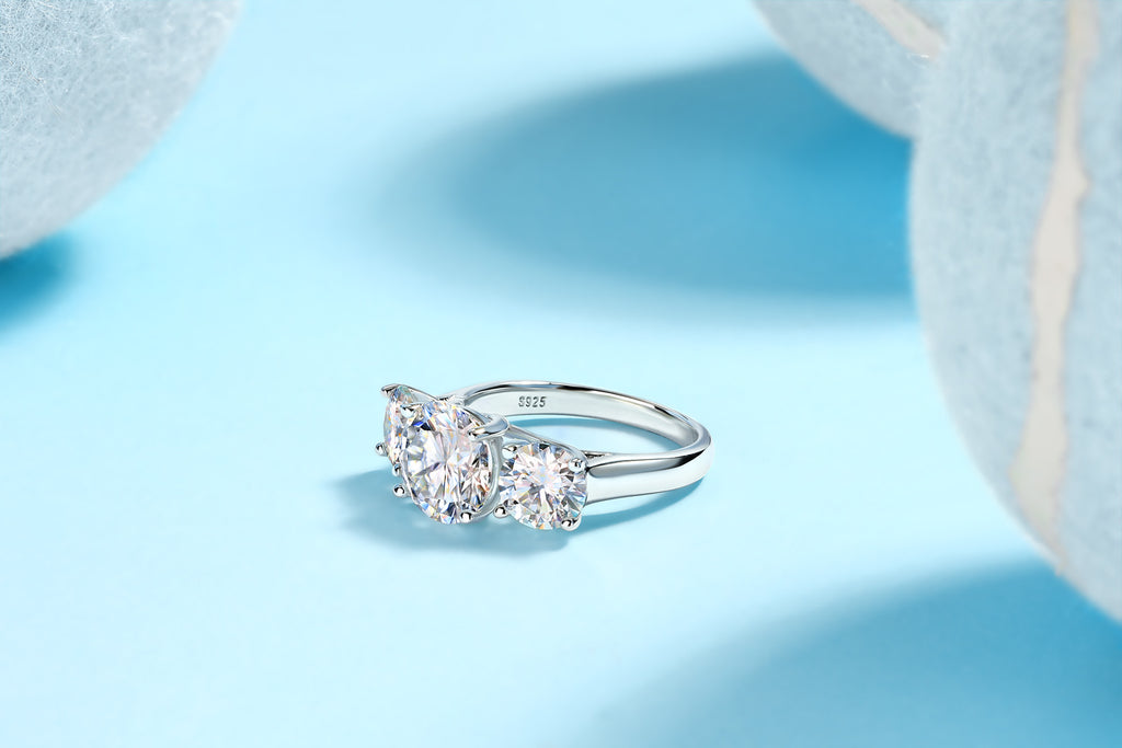 Fortunate 3 Carat Moissanite Three-Stone Ring in Sterling Silver