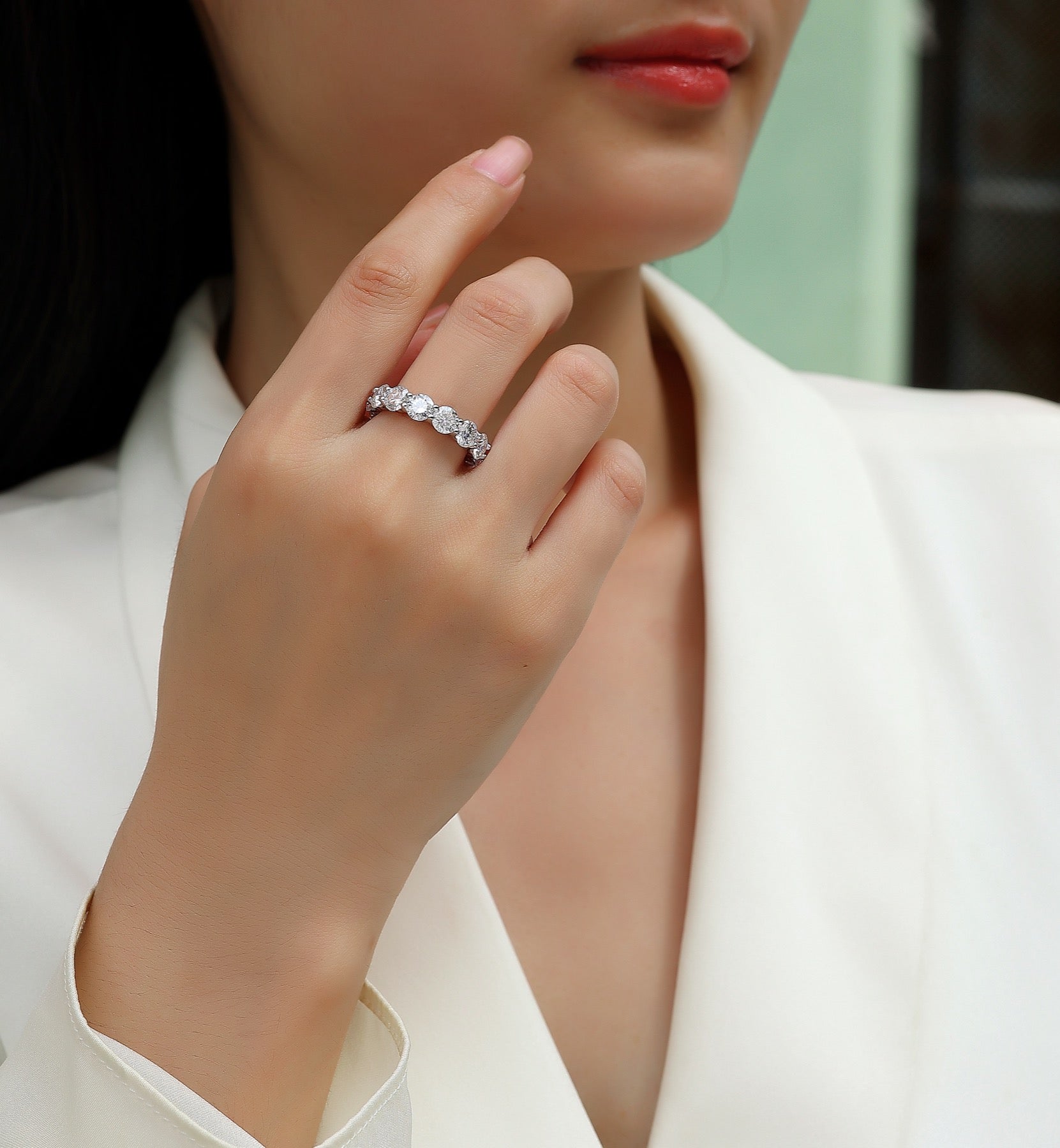 Prismatic Moissanite Eternity Band Ring in Sterling Silver