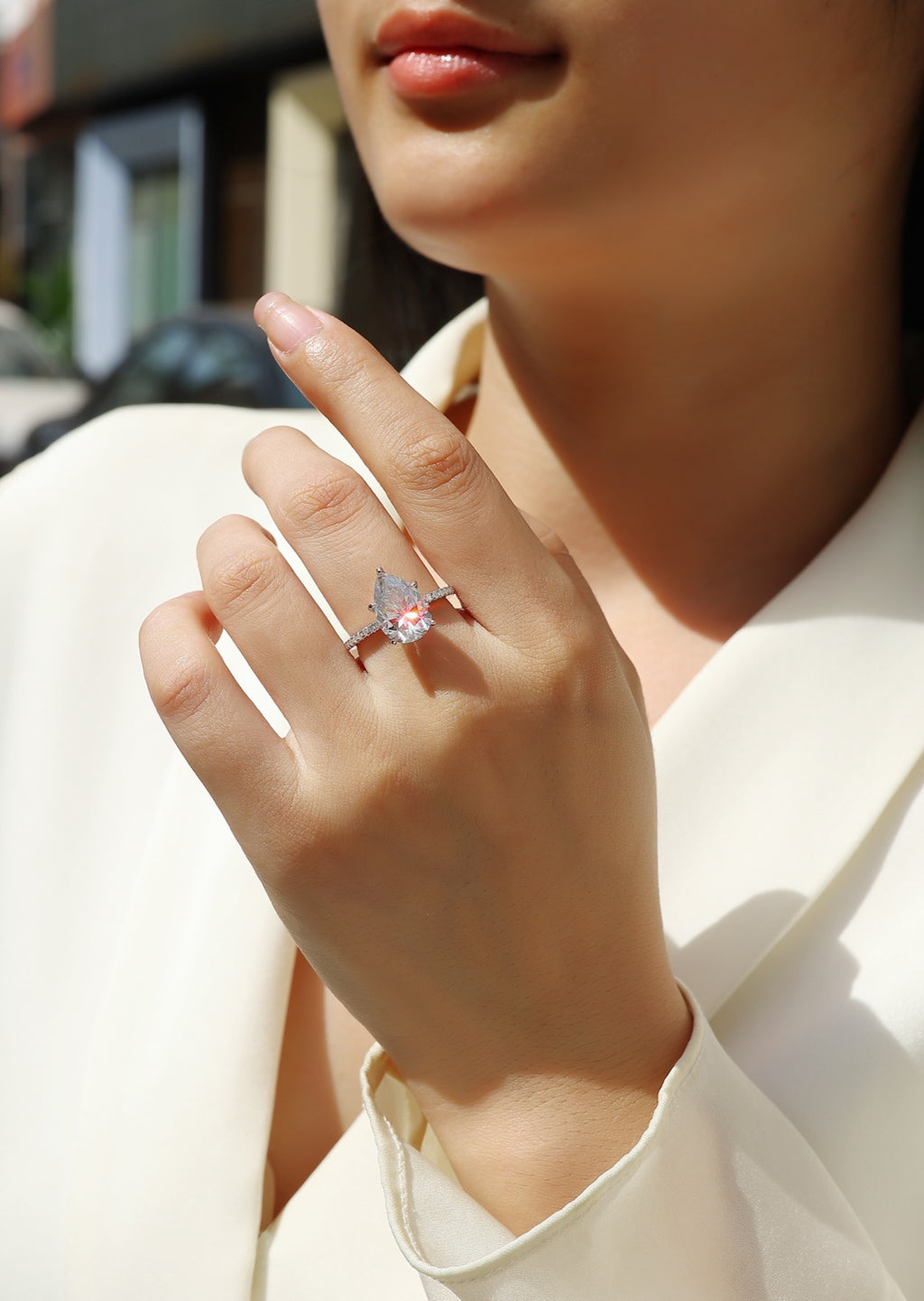 Waterheart Pear-Cut Moissanite Halo Ring in Sterling Silver