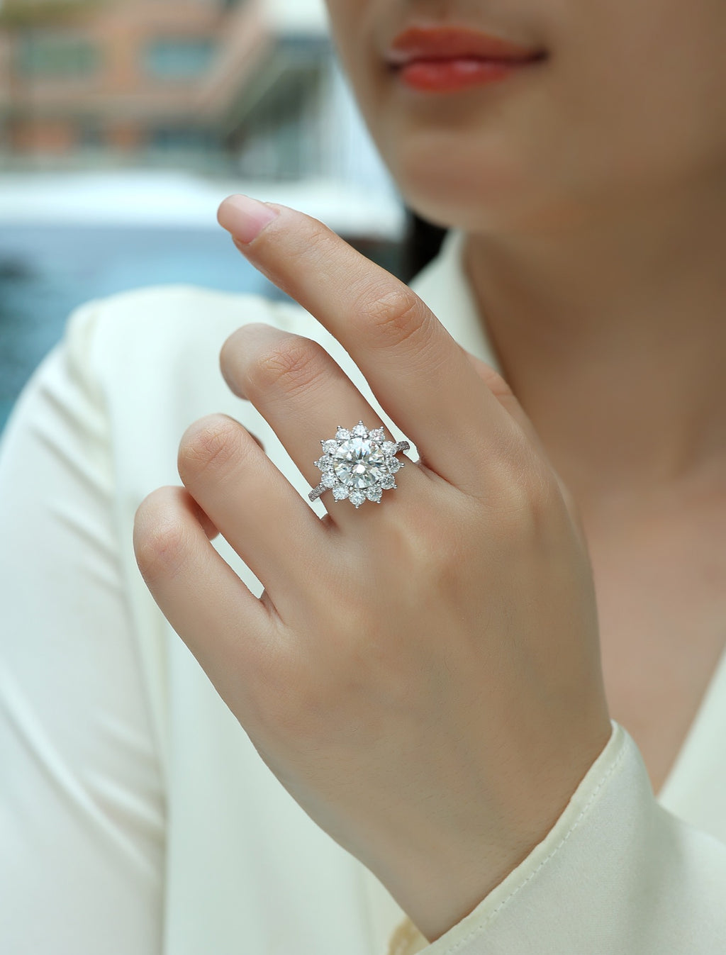 Girasole 3 Carat Moissanite Halo Ring in Sterling Silver