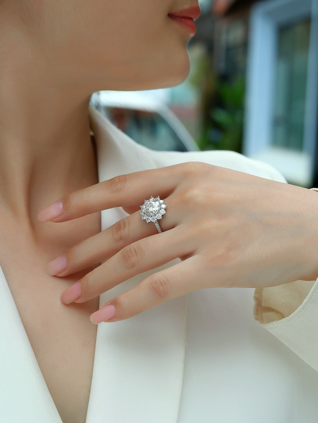 Girasole 3 Carat Moissanite Halo Ring in Sterling Silver
