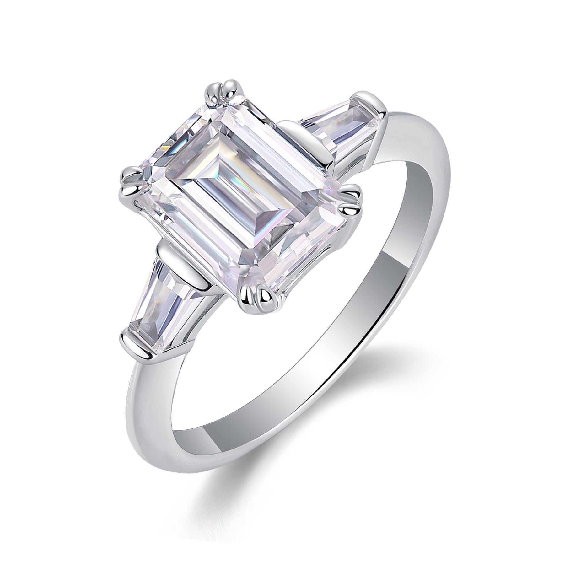 Reflekt Emerald-Cut Moissanite Three-Stone Ring in Sterling Silver