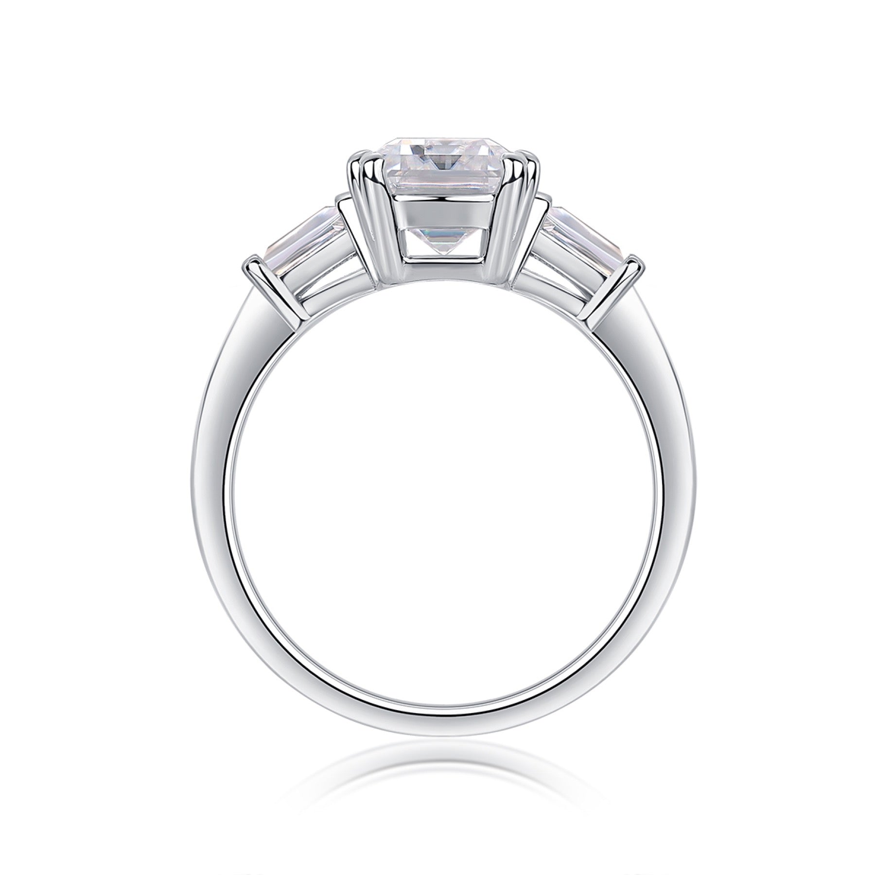 Reflekt Emerald-Cut Moissanite Three-Stone Ring in Sterling Silver