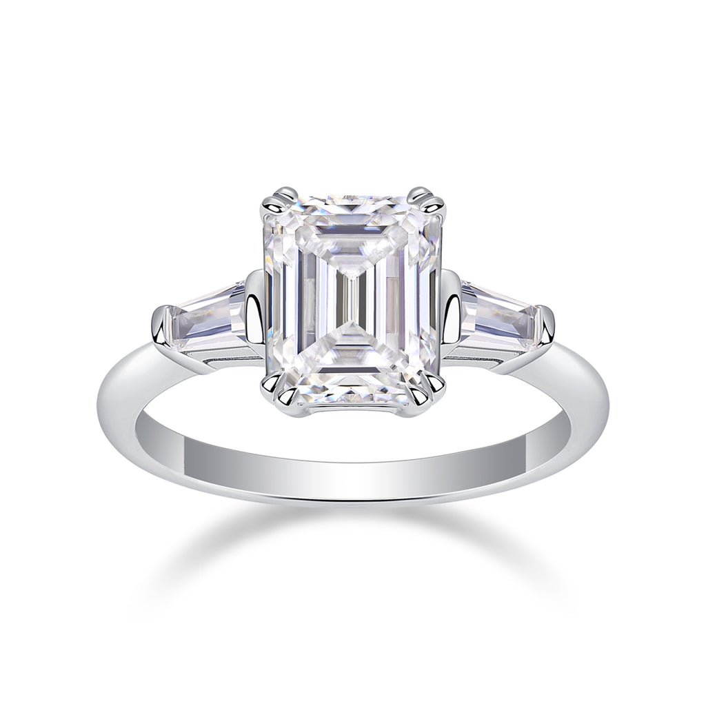 Reflekt Emerald-Cut Moissanite Three-Stone Ring in Sterling Silver