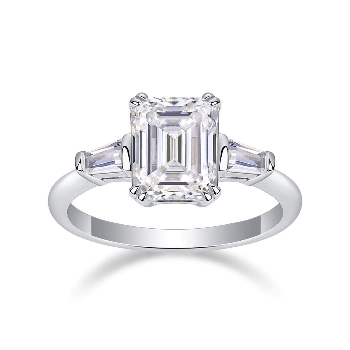 Reflekt 3 Carat Emerald-Cut Moissanite Three-Stone Ring in Sterling Silver