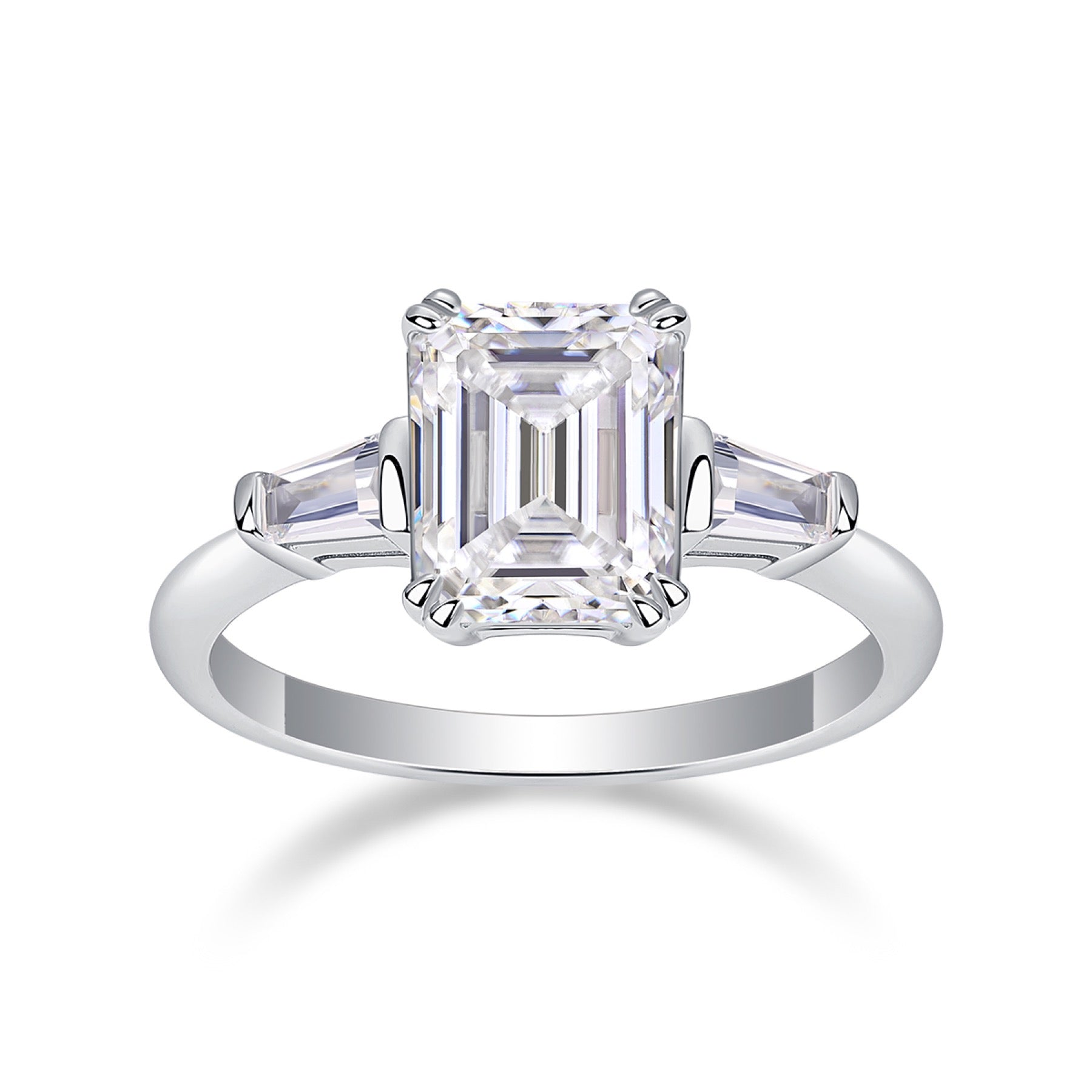 Reflekt Emerald-Cut Moissanite Three-Stone Ring in Sterling Silver