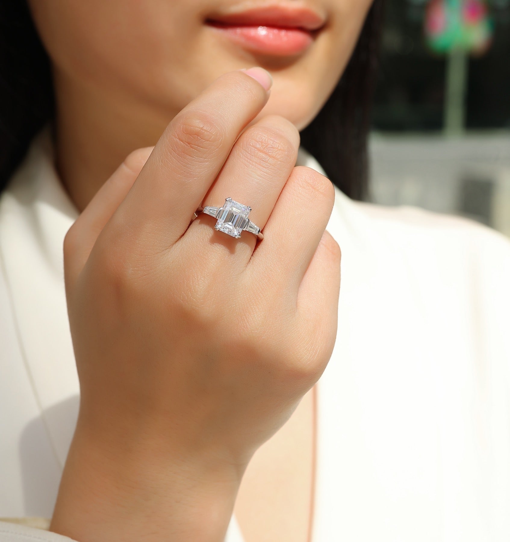 Reflekt Emerald-Cut Moissanite Three-Stone Ring in Sterling Silver