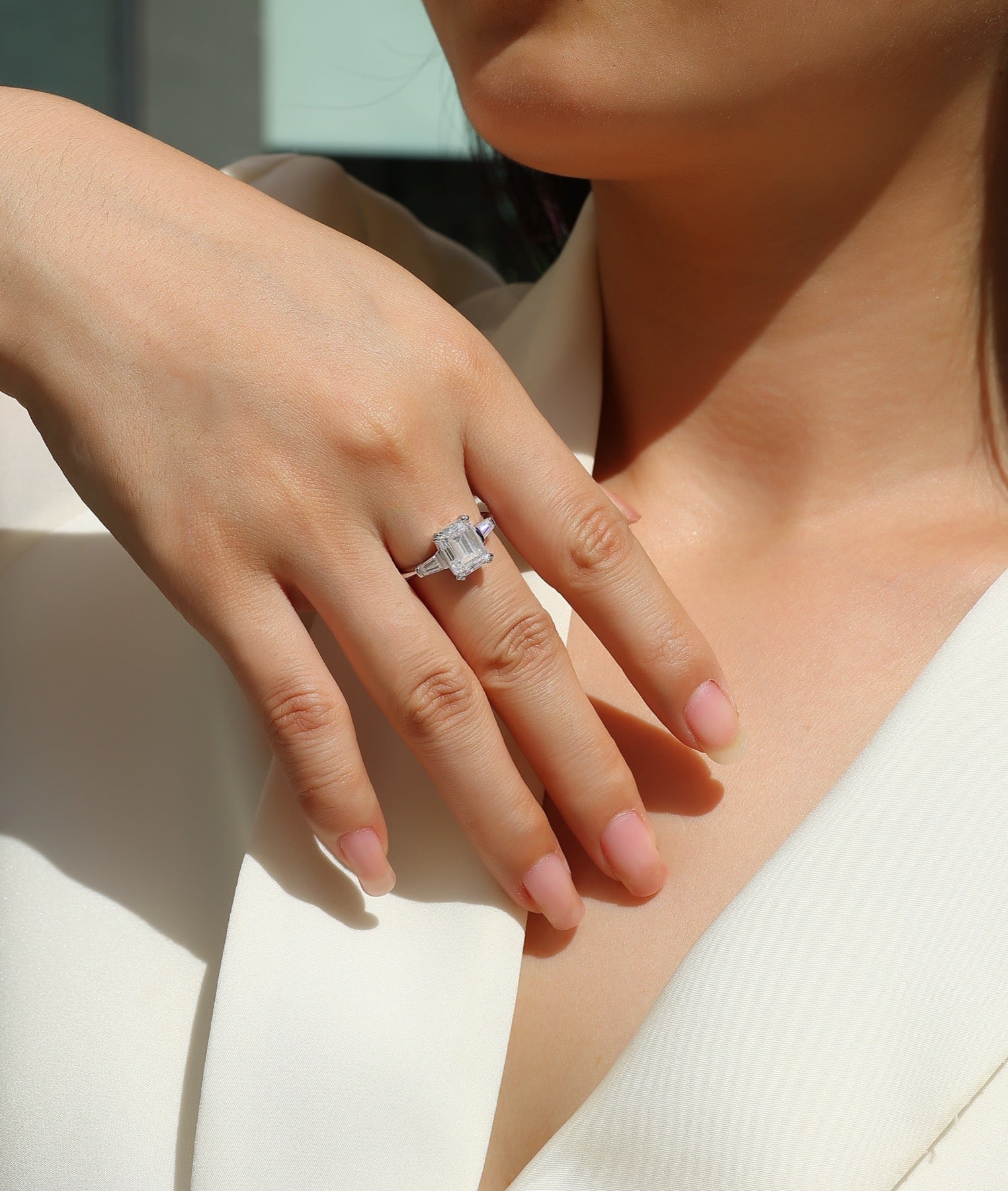 Reflekt Emerald-Cut Moissanite Three-Stone Ring in Sterling Silver