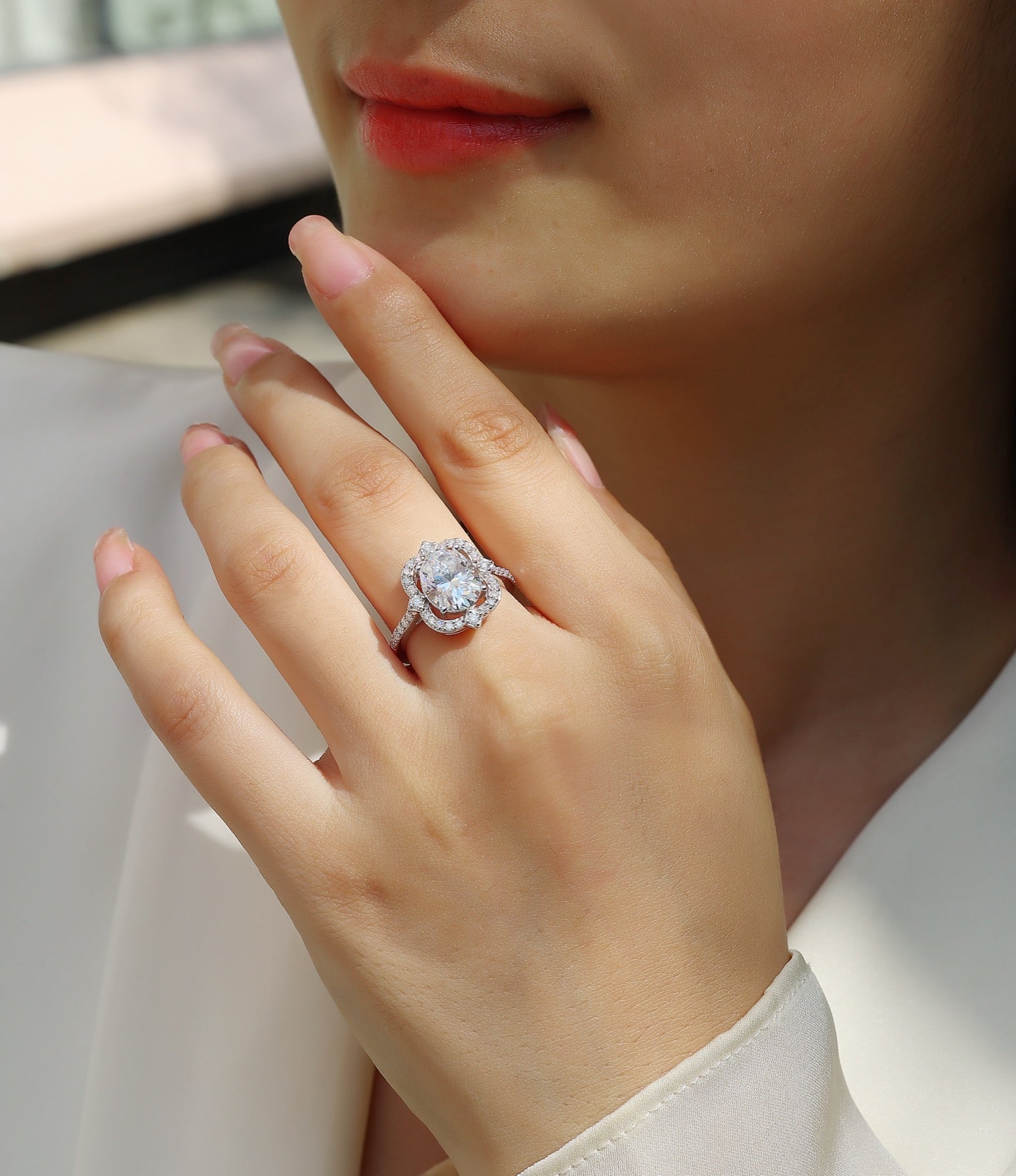 Camelia Oval-Cut Moissanite Halo Ring in Sterling Silver