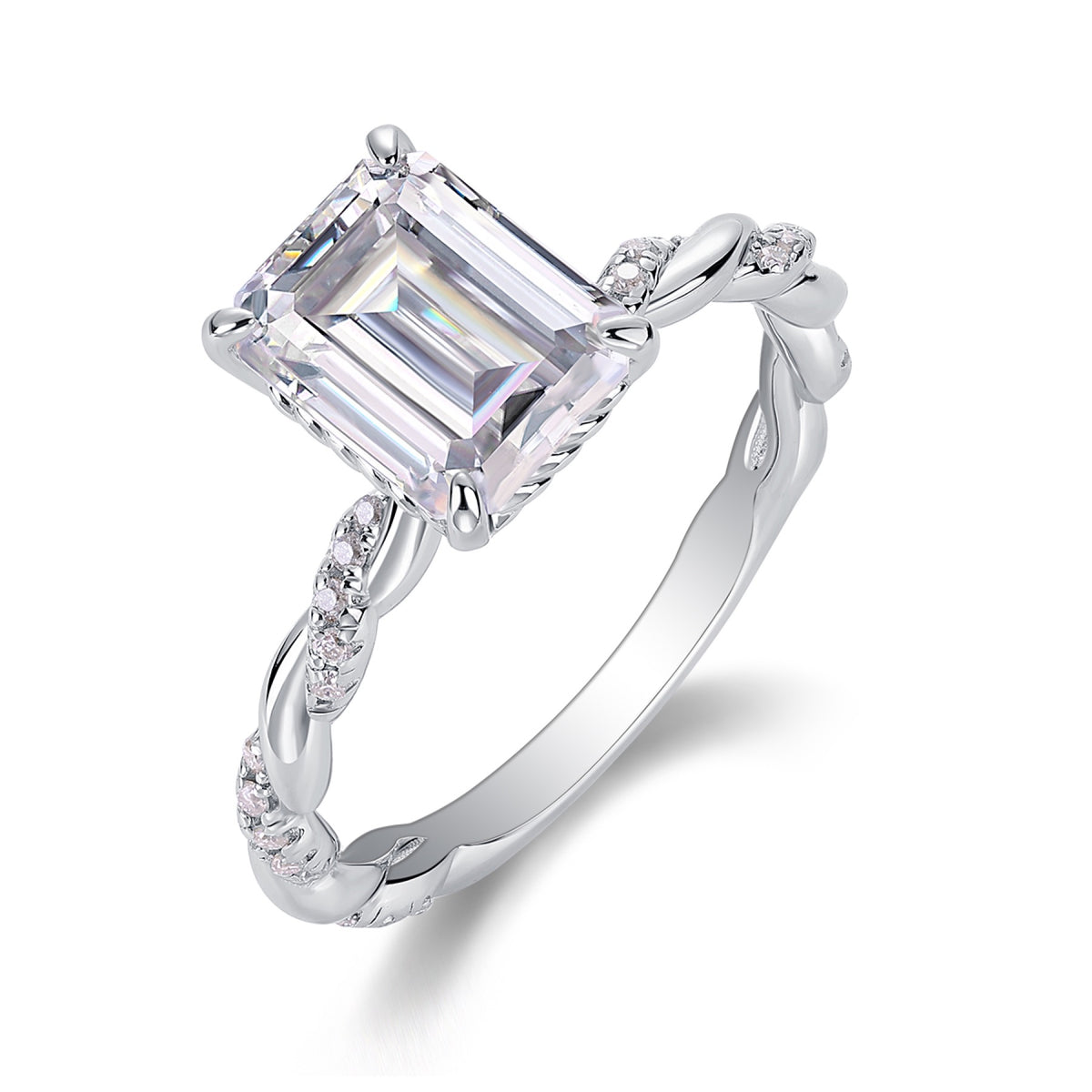 Chaselight 3 Carat Emerald-Cut Moissanite Solitaire Ring in Sterling Silver