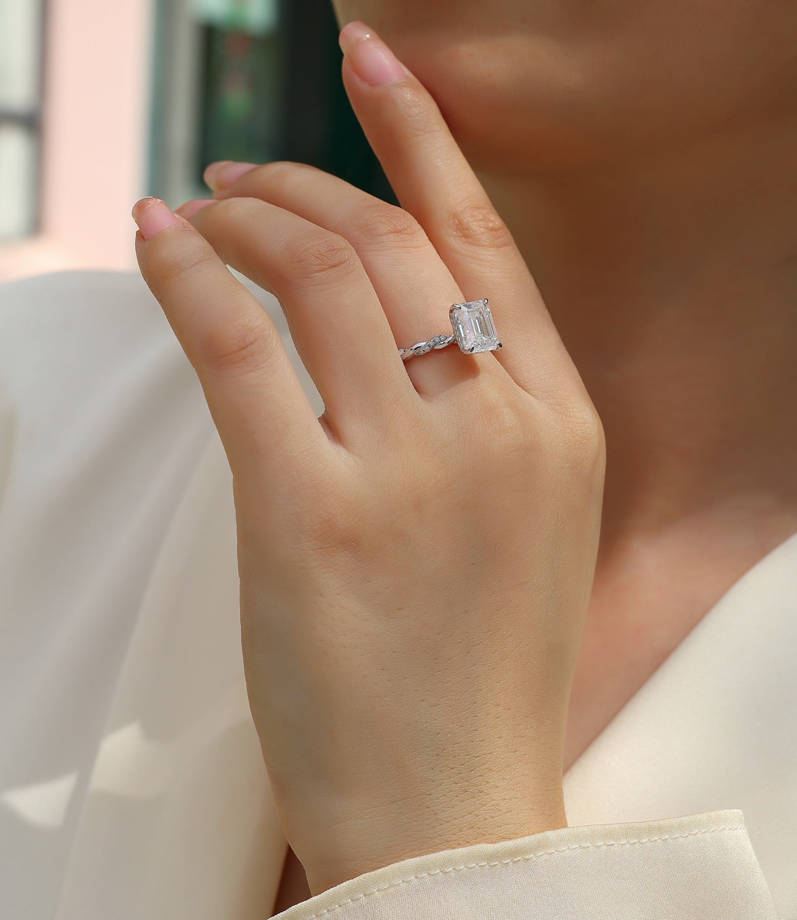 Chaselight Emerald-Cut Moissanite Solitaire Ring in Sterling Silver